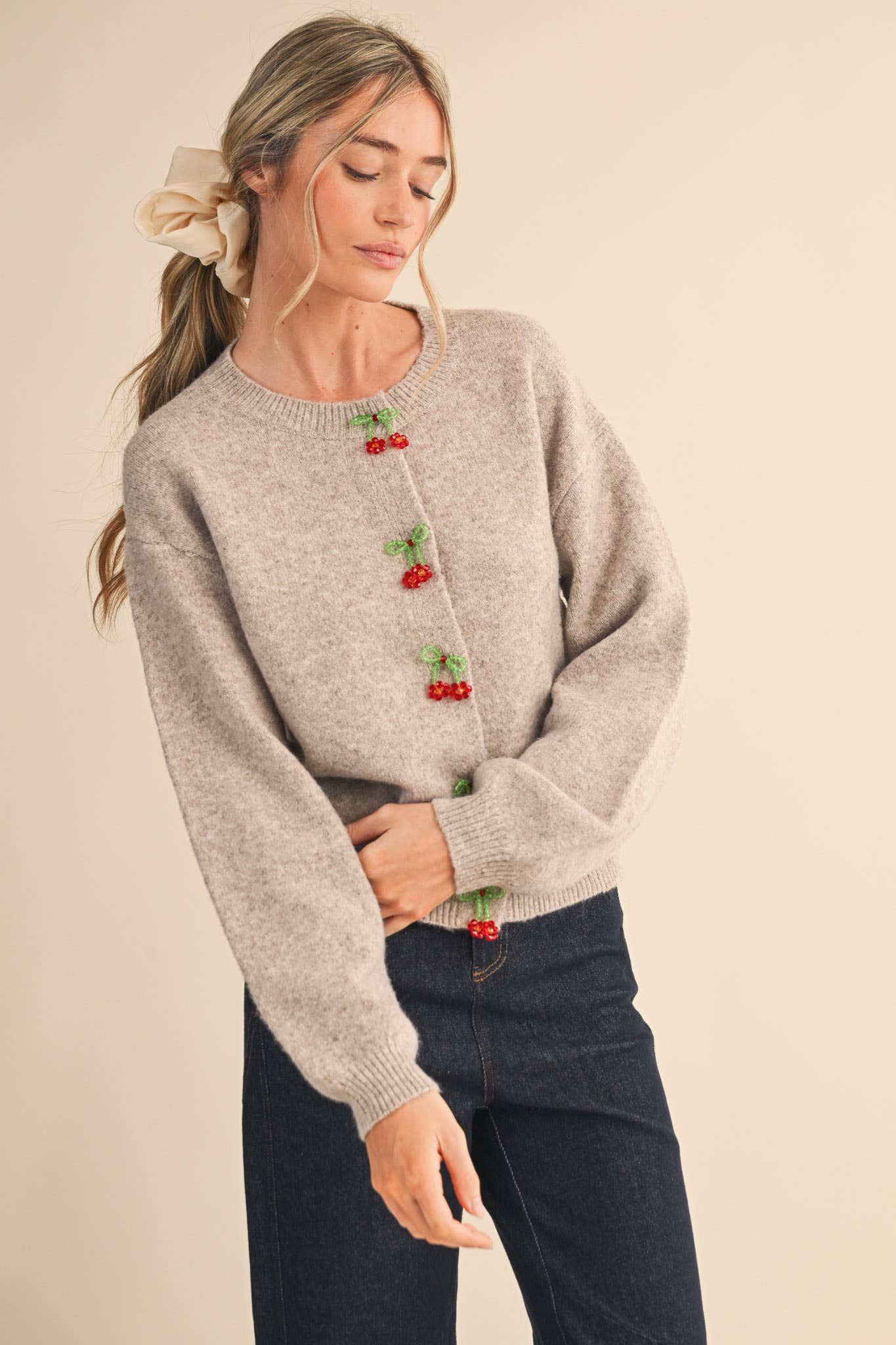 Beaded Floral Bow Cardigan Sweater