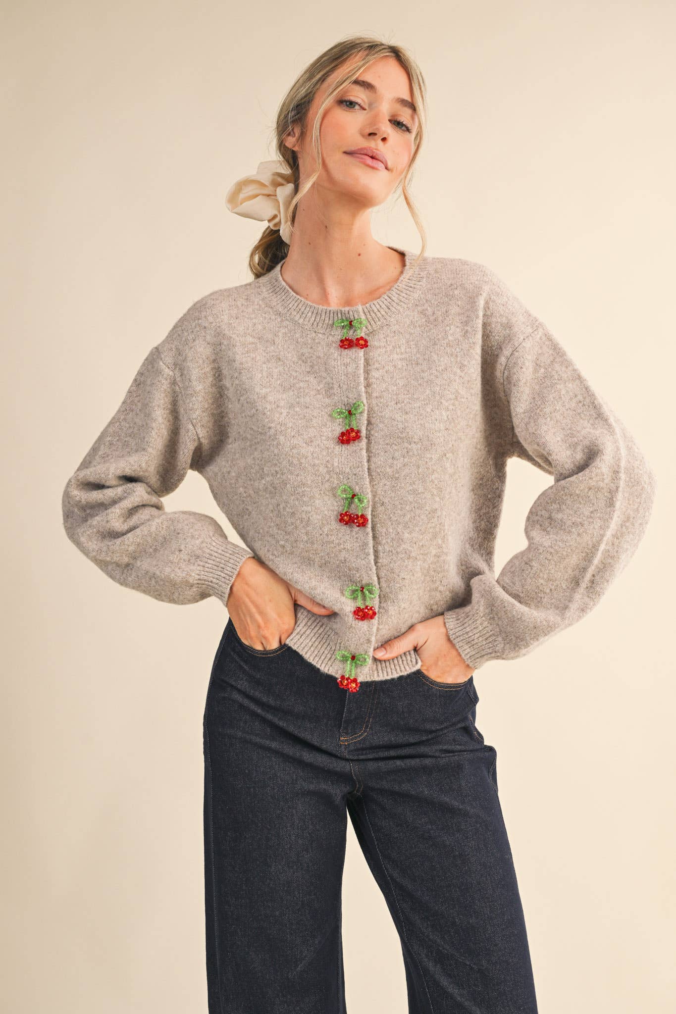Beaded Floral Bow Cardigan Sweater