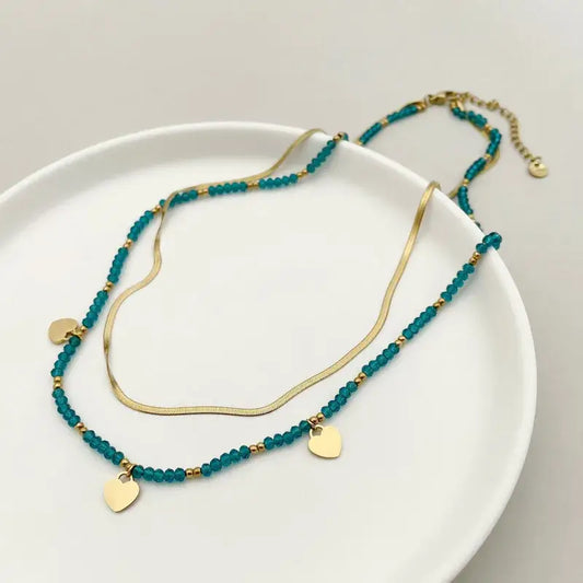 Double Layer Beaded Necklace with Hearts Stainless Steel