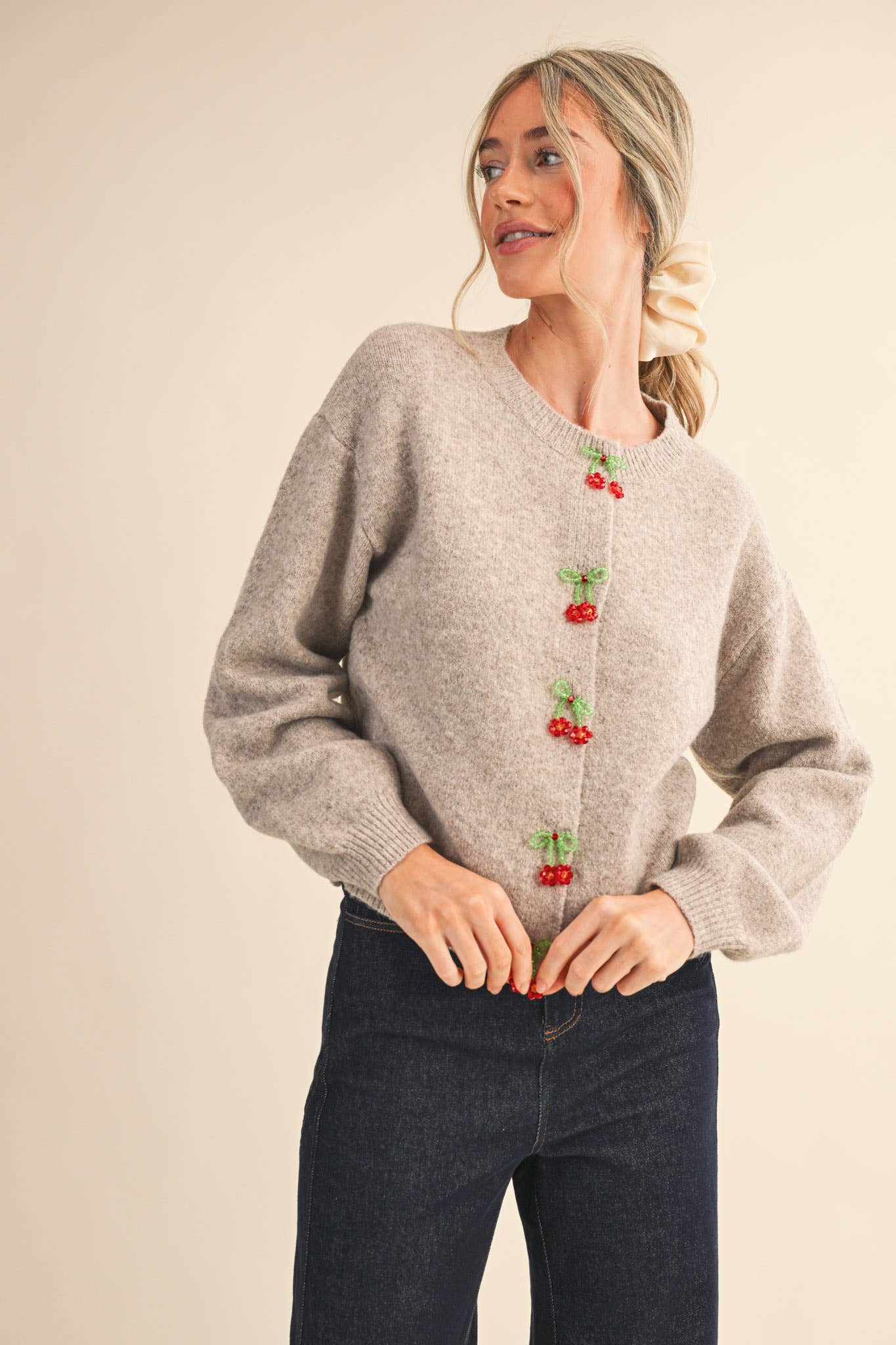 Beaded Floral Bow Cardigan Sweater