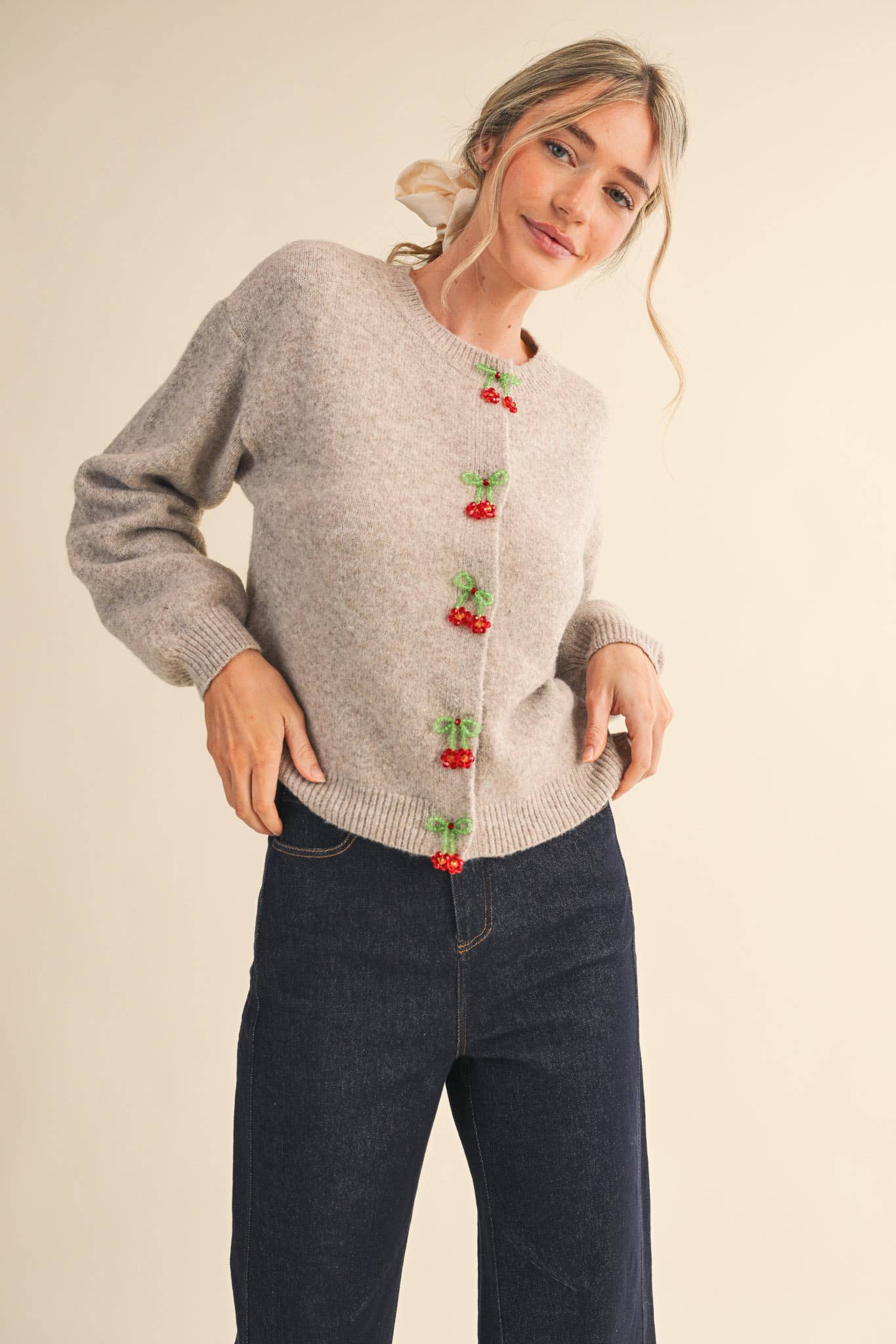 Beaded Floral Bow Cardigan Sweater