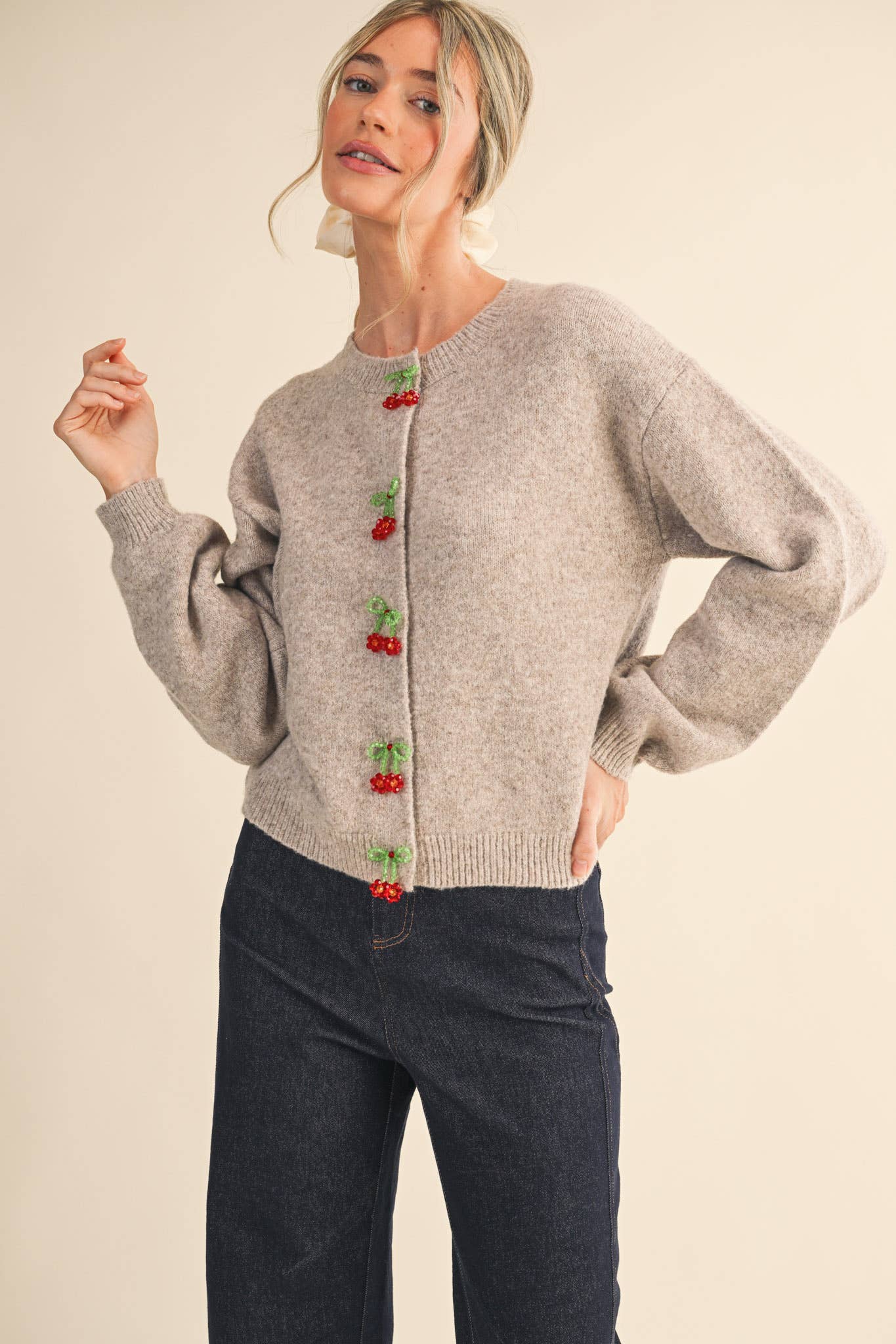 Beaded Floral Bow Cardigan Sweater