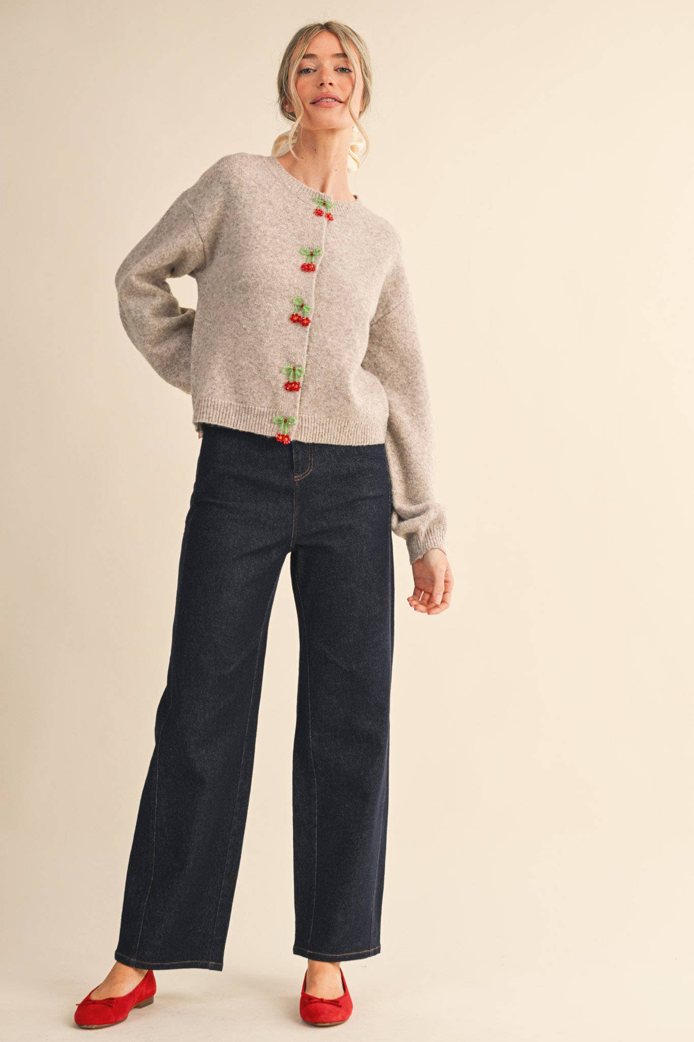 Beaded Floral Bow Cardigan Sweater