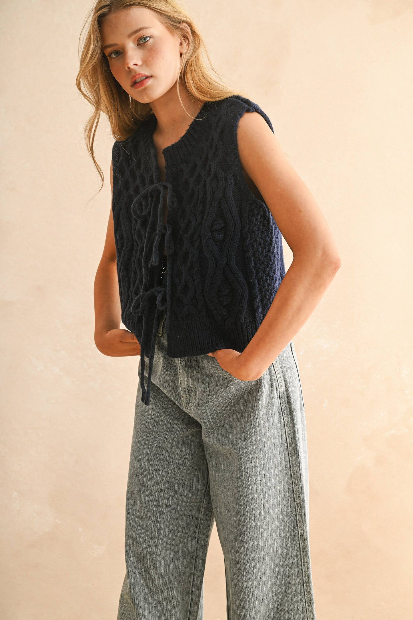 Tie Front Cable Knitted Vest